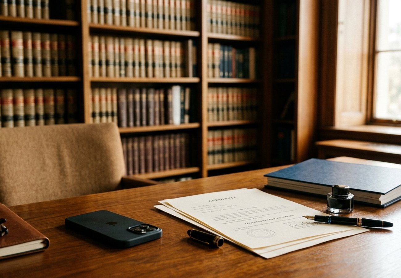 Smartphone displaying encrypted security settings next to legal paperwork in a law office