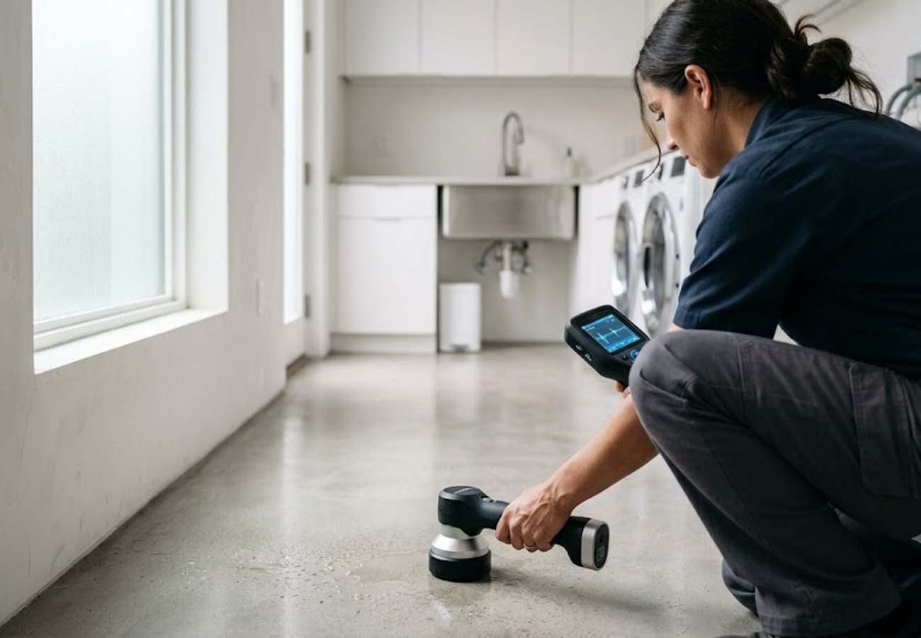 Professional plumbing technician using modern leak detection equipment to inspect pipes in a home