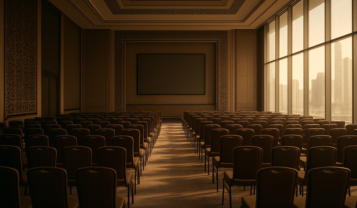 Aerial view of modern conference center in Gulf region, 2026