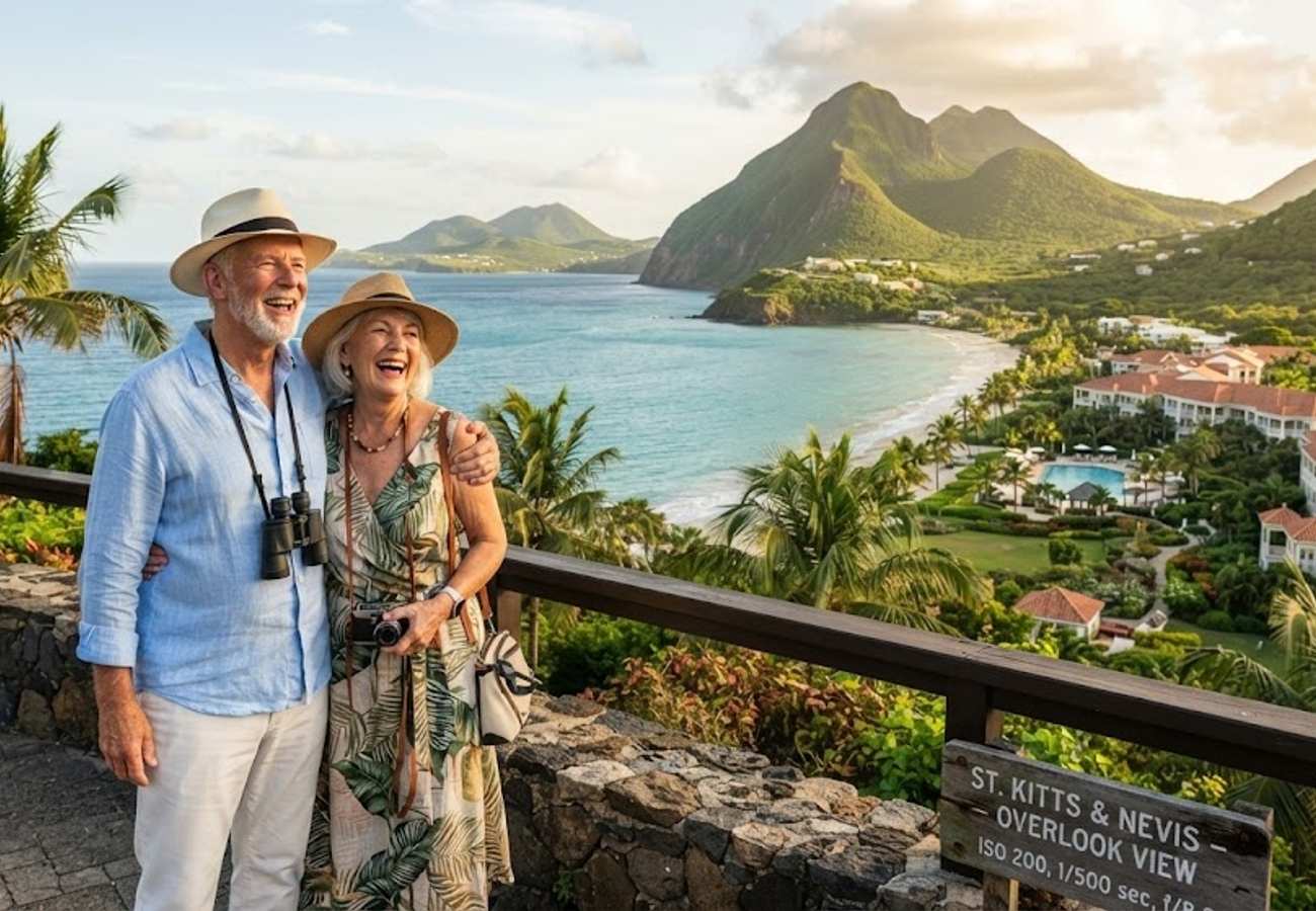 Aerial view of St. Kitts and Nevis coastline highlighting luxury resorts