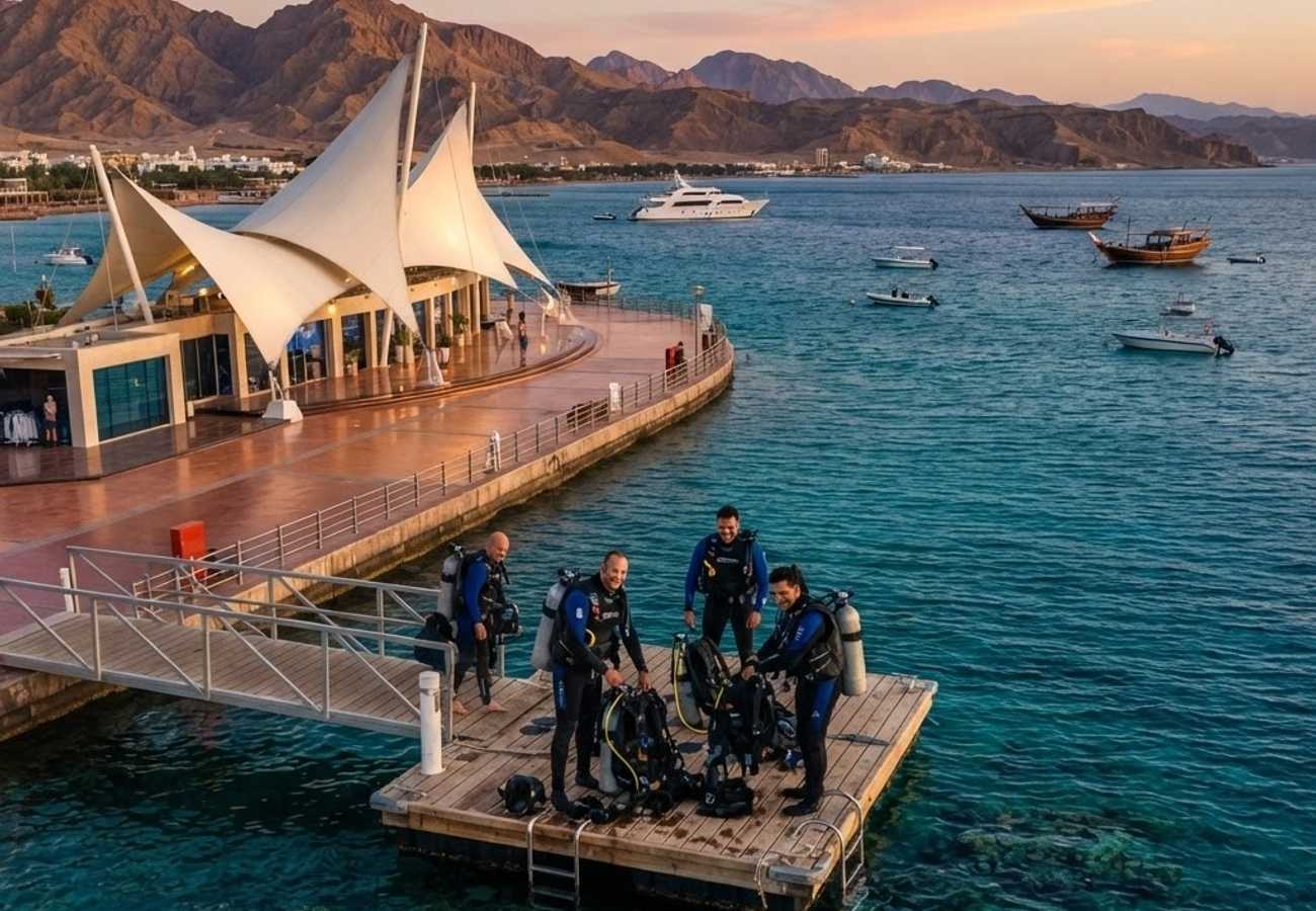 Aerial view of Aqaba's coastline and Red Sea marine environment