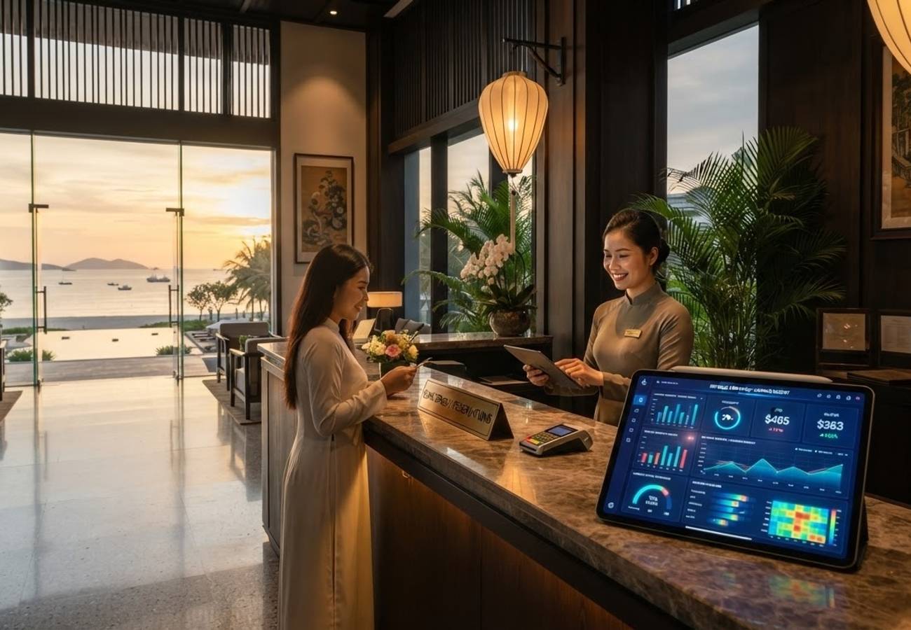 Hospitality technology exhibition in Vietnam showing AI revenue management tools
