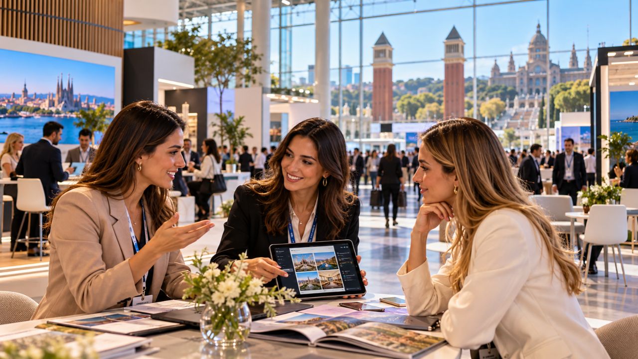 Modern exhibition floor at Fira de Barcelona during an international business events conference