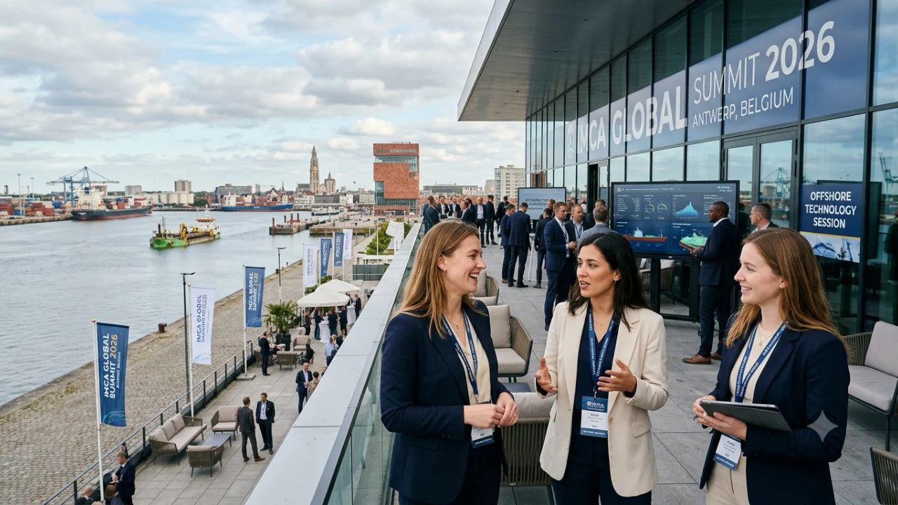 IMCA Global Summit 2026 conference hall overlooking Port of Antwerp-Bruges in Belgium