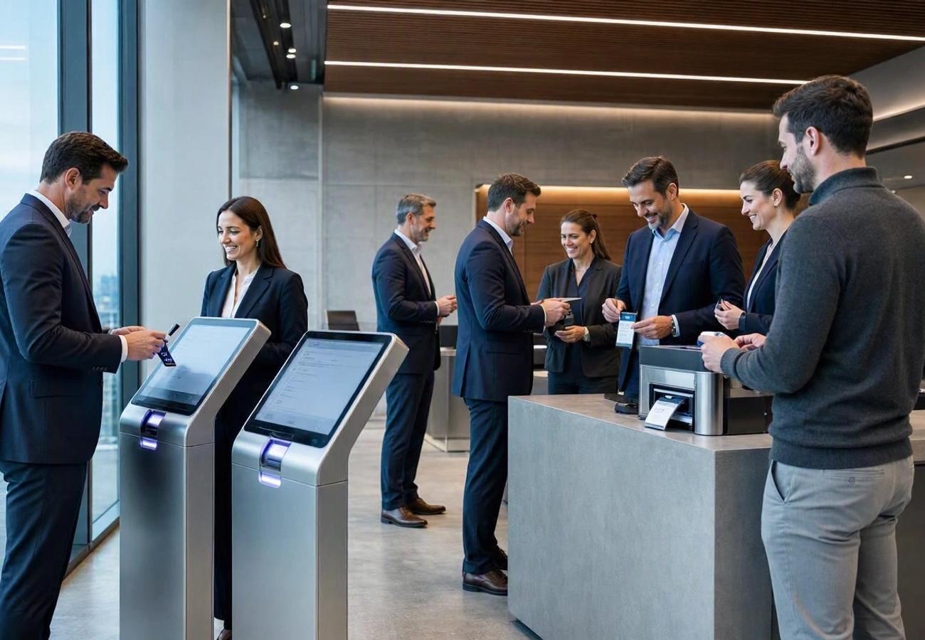 Professional event registration desk featuring digital badges and interactive displays