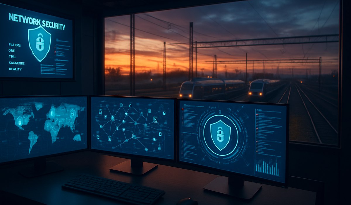 European railway control center with digital security infrastructure, 2026