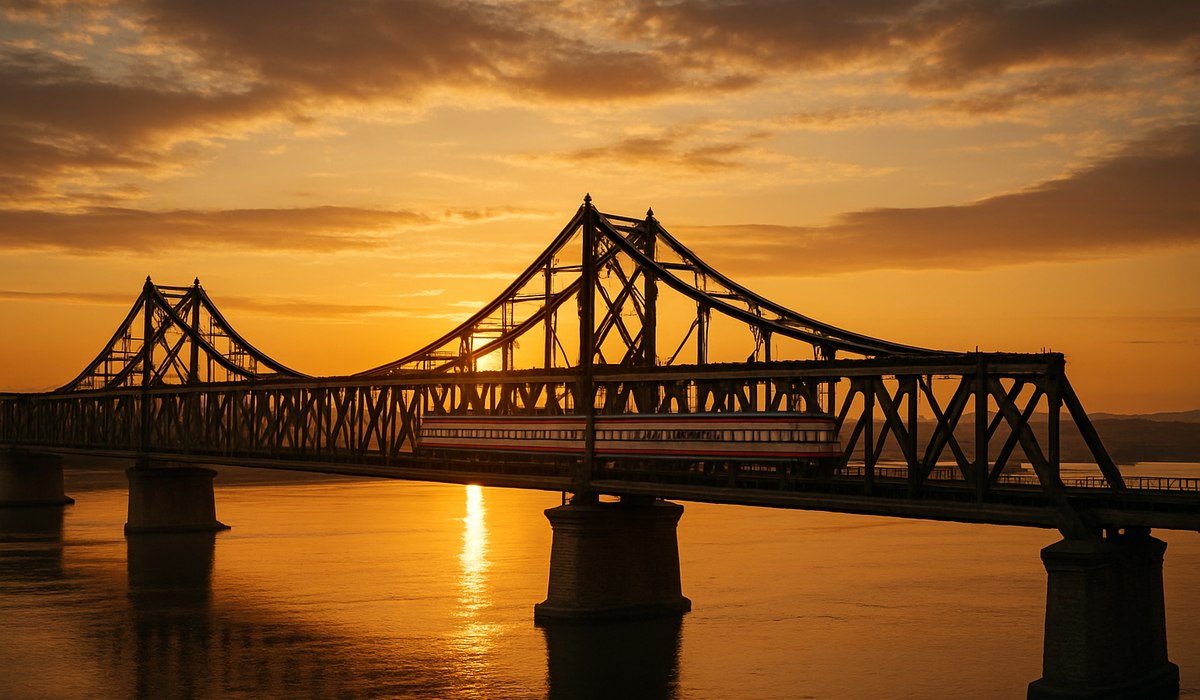 Passenger train departing Dandong station bound for Pyongyang, North Korea, April 2026