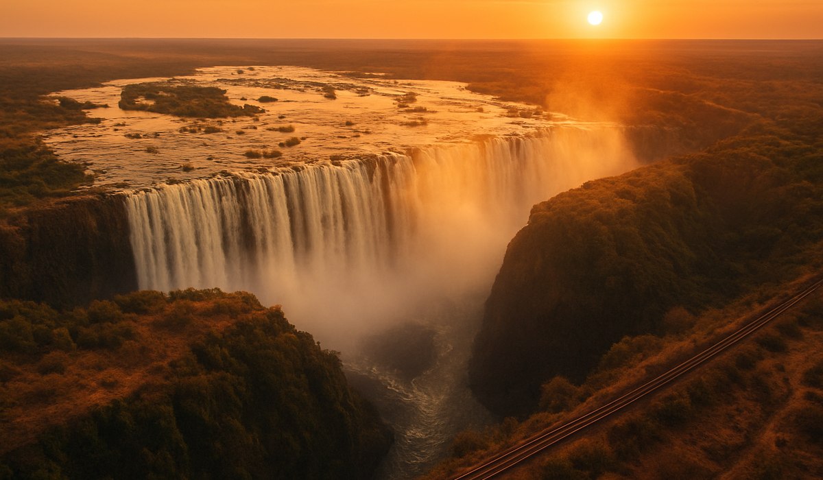 Conceptual rendering of the Kasane Livingstone rail corridor connecting Botswana and Zambia near Victoria Falls, 2026
