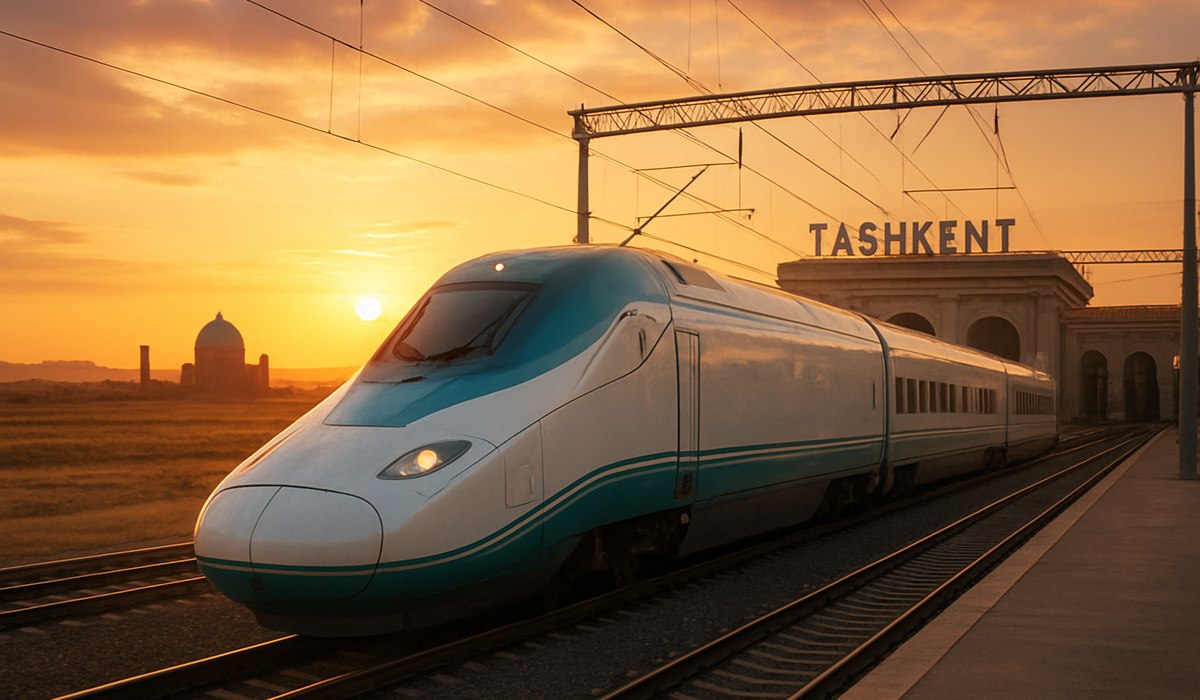 Hyundai Rotem high-speed train on electrified railway in Uzbekistan, 2026