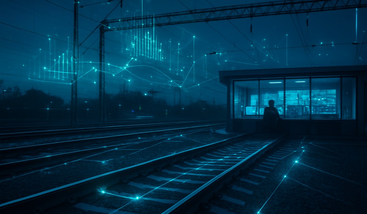 Modern railway infrastructure with IoT sensors integrated across tracks and stations, 2026