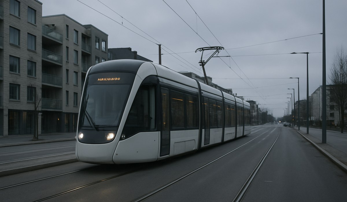 Škoda Transtech tram rolling stock displayed at industrial facility, Helsinki tram tender 2026