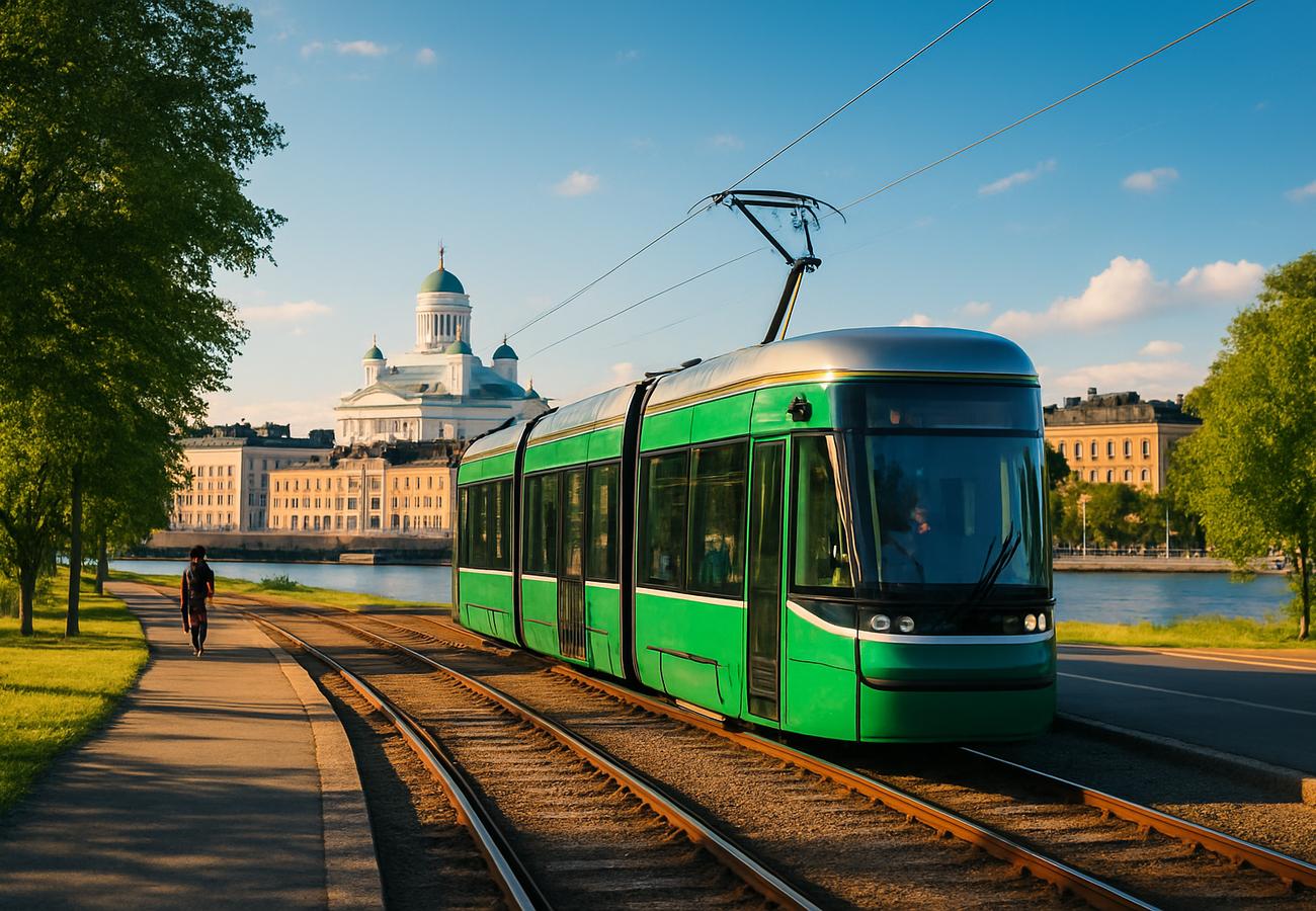 Workers assembling modern trams in an industrial factory with wet tram tracks visible outside in Finland