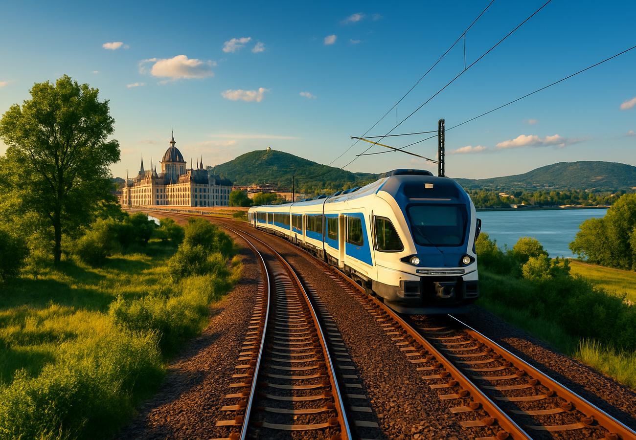 Modern passenger train traveling through scenic Hungarian riverside countryside with historic architecture visible in background