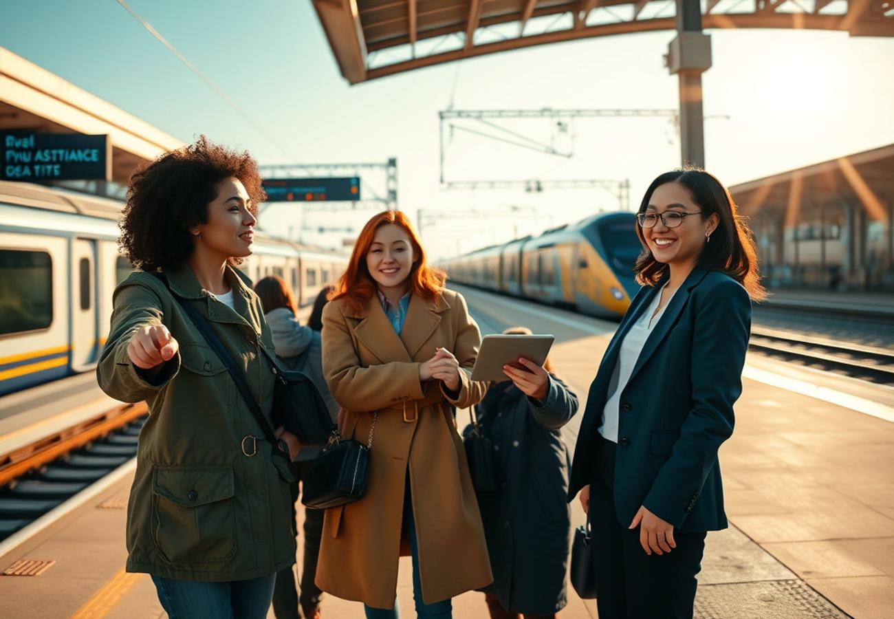 Futuristic railway yard with locomotive, rail worker and AI safety sensors representing smart rail technology integration