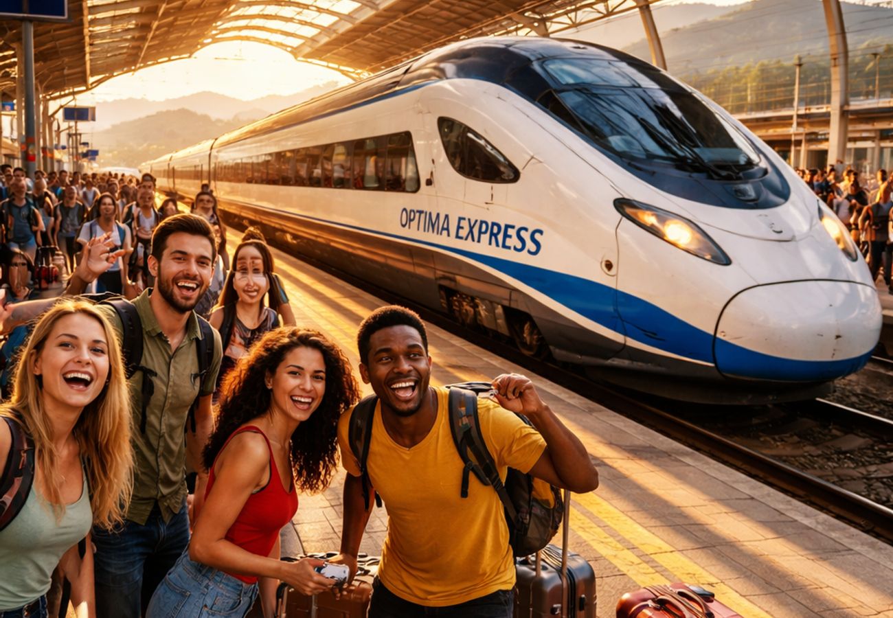 Optima Express train traveling through Alpine landscapes with mountain scenery in background