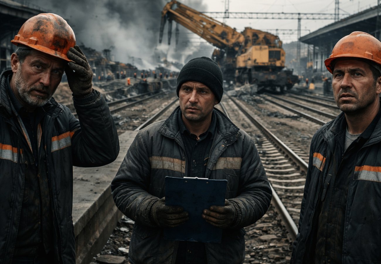 Damaged railway recovery crane burning in industrial rail yard with smoke and debris at Voronezh station