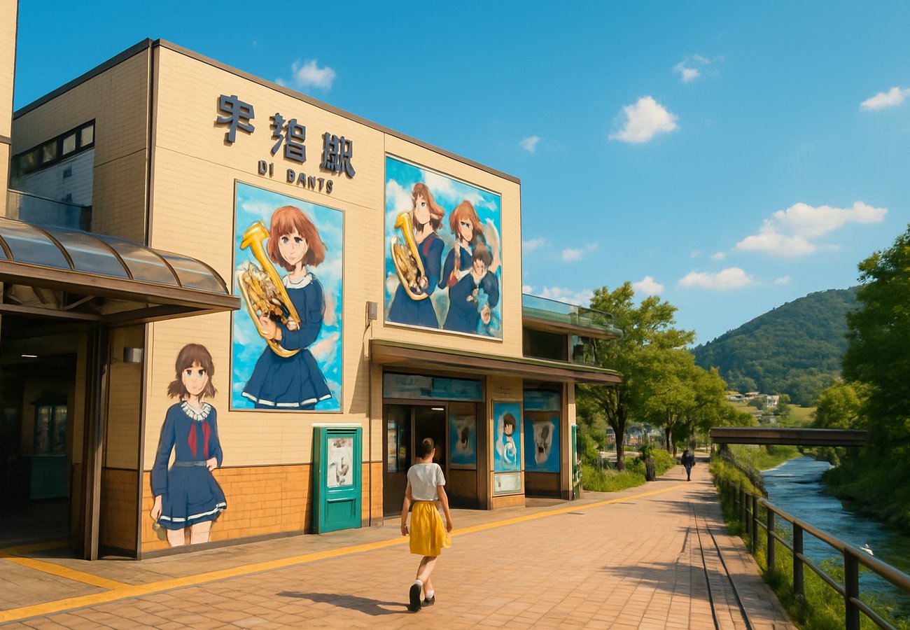 Uji Station anime themed signboard with Sound Euphonium characters and decorations