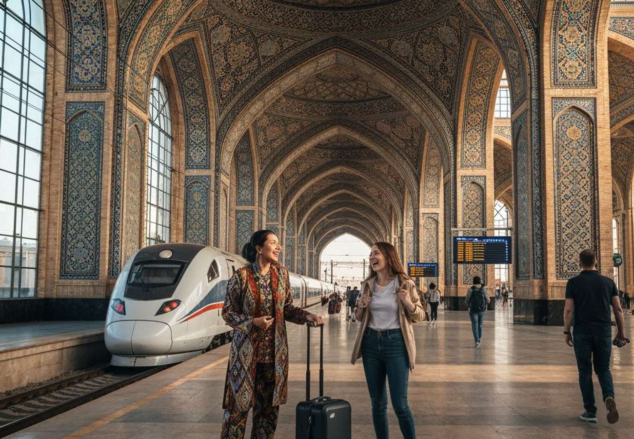 Ancient Silk Road architecture in Samarkand, Uzbekistan with modern rail connectivity