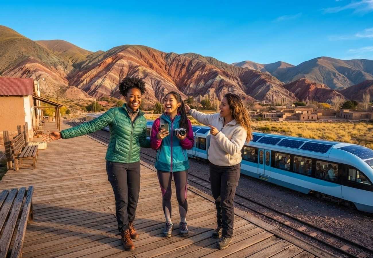Solar powered train traveling through the multicolored mountains of Quebrada de Humahuaca