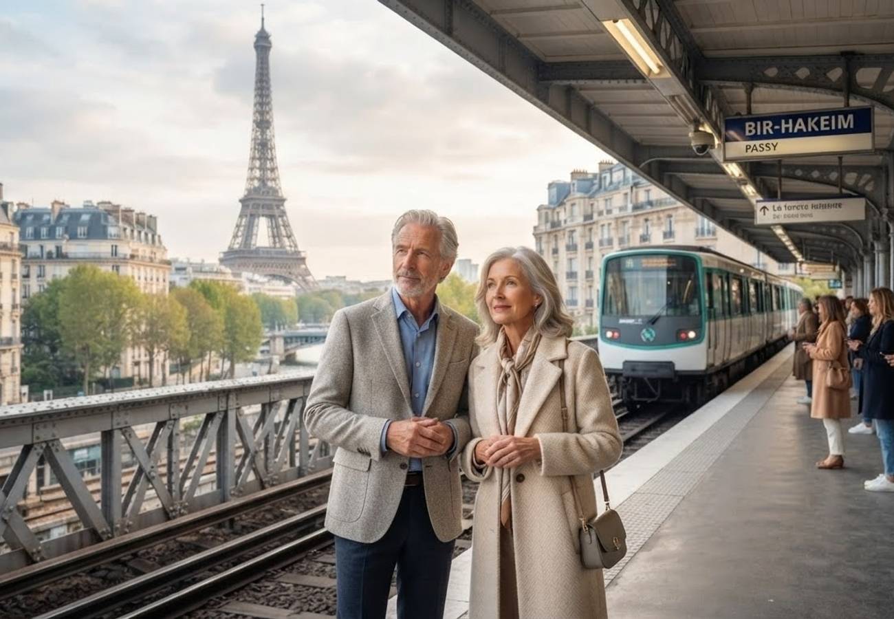 Modernized Paris Metro Line 6 trains crossing an elevated viaduct with city views