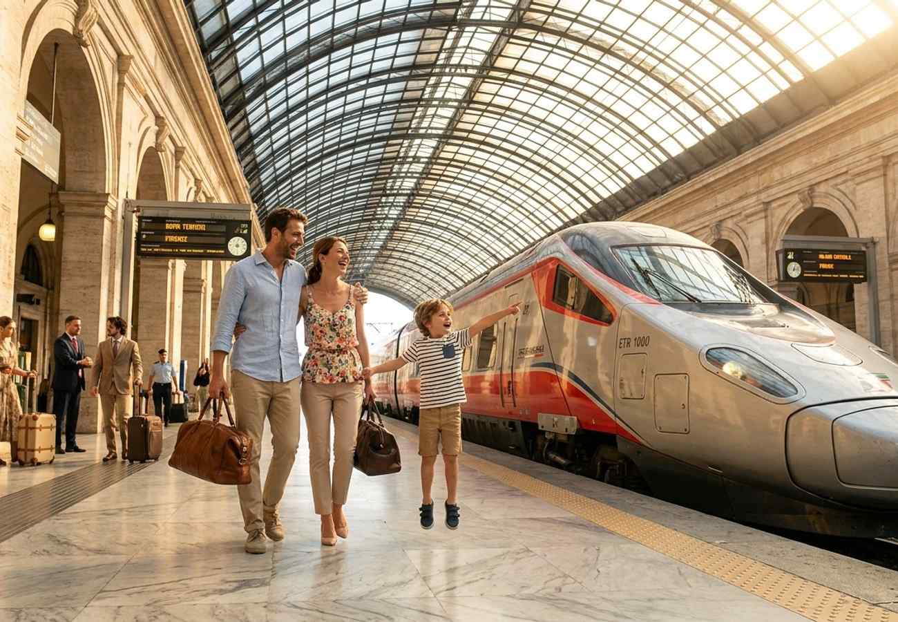 High-speed Frecciarossa train traveling through the Italian countryside