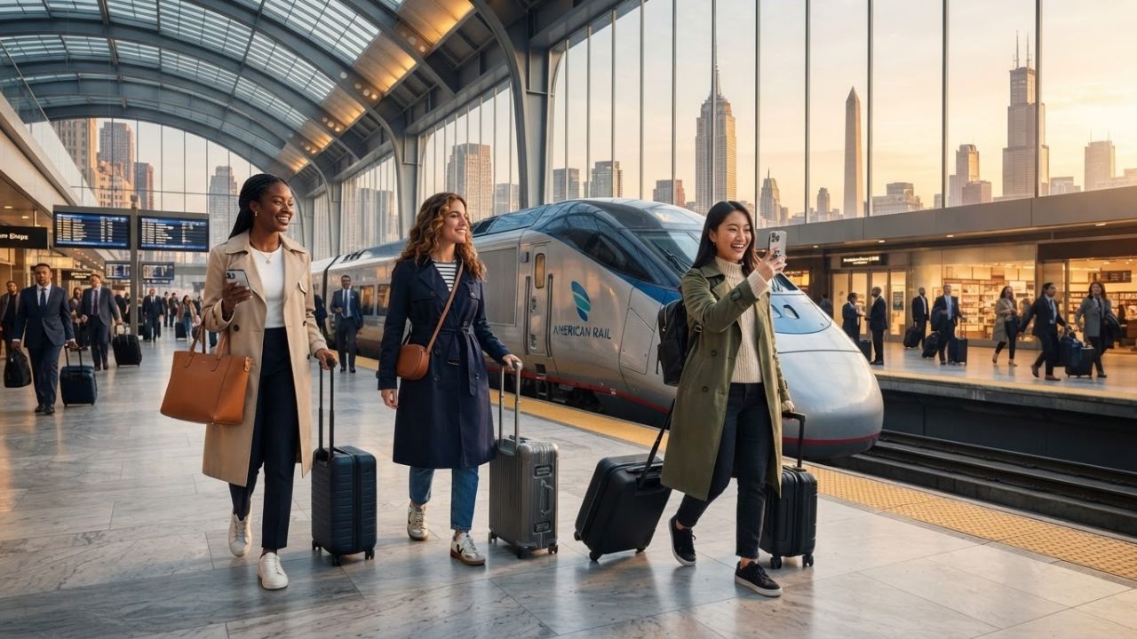 A high-speed NextGen Acela train arriving at a modern station platform