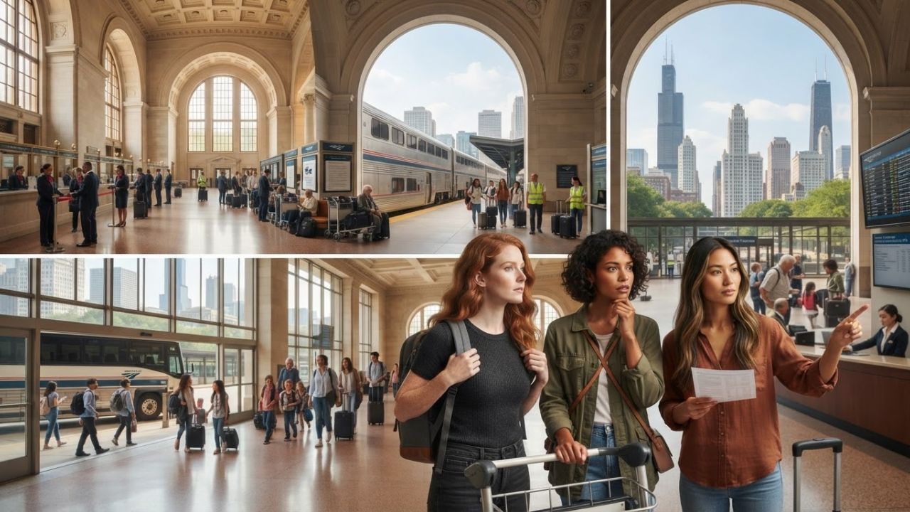 An Amtrak locomotive on the platform at Chicago Union Station with passengers waiting under golden summer morning light