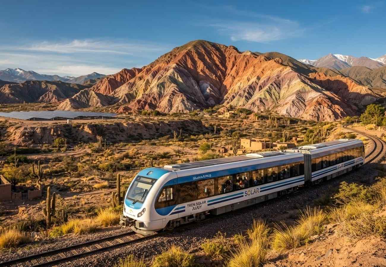 Solar-powered passenger train traversing the colorful mountains of Jujuy, Argentina