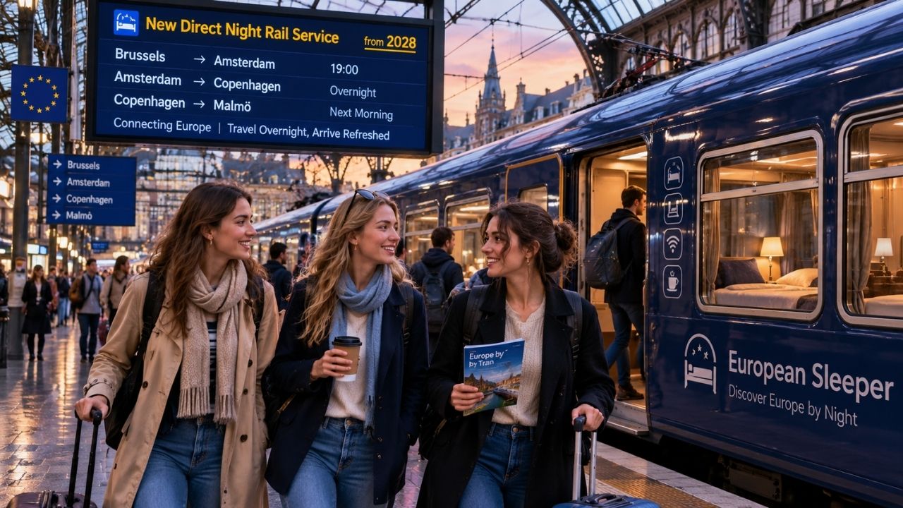 Modern European sleeper train departing a lit railway station platform at dusk.