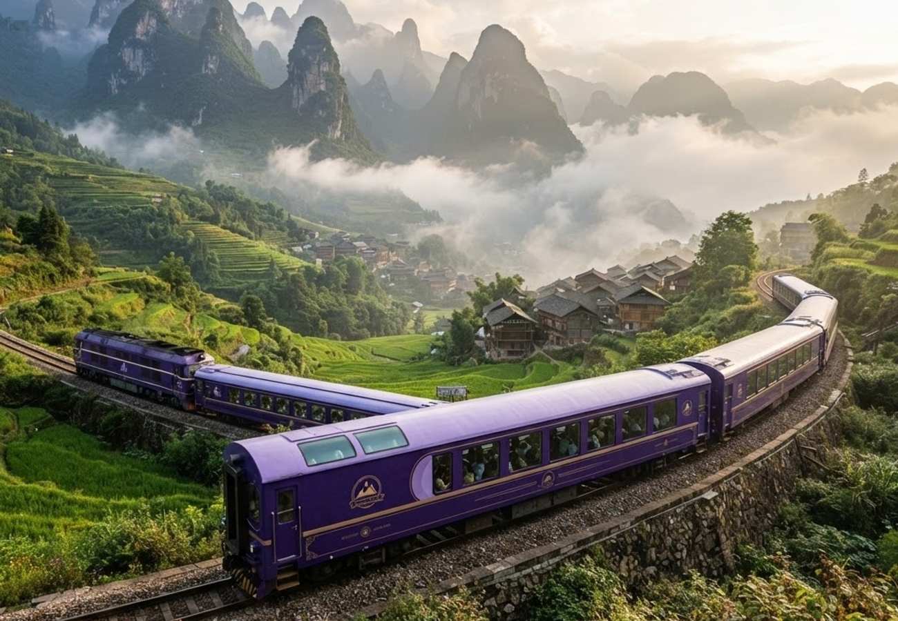 The purple-themed Colorful Guizhou Tourist Train traveling through the mountains of Southwest China