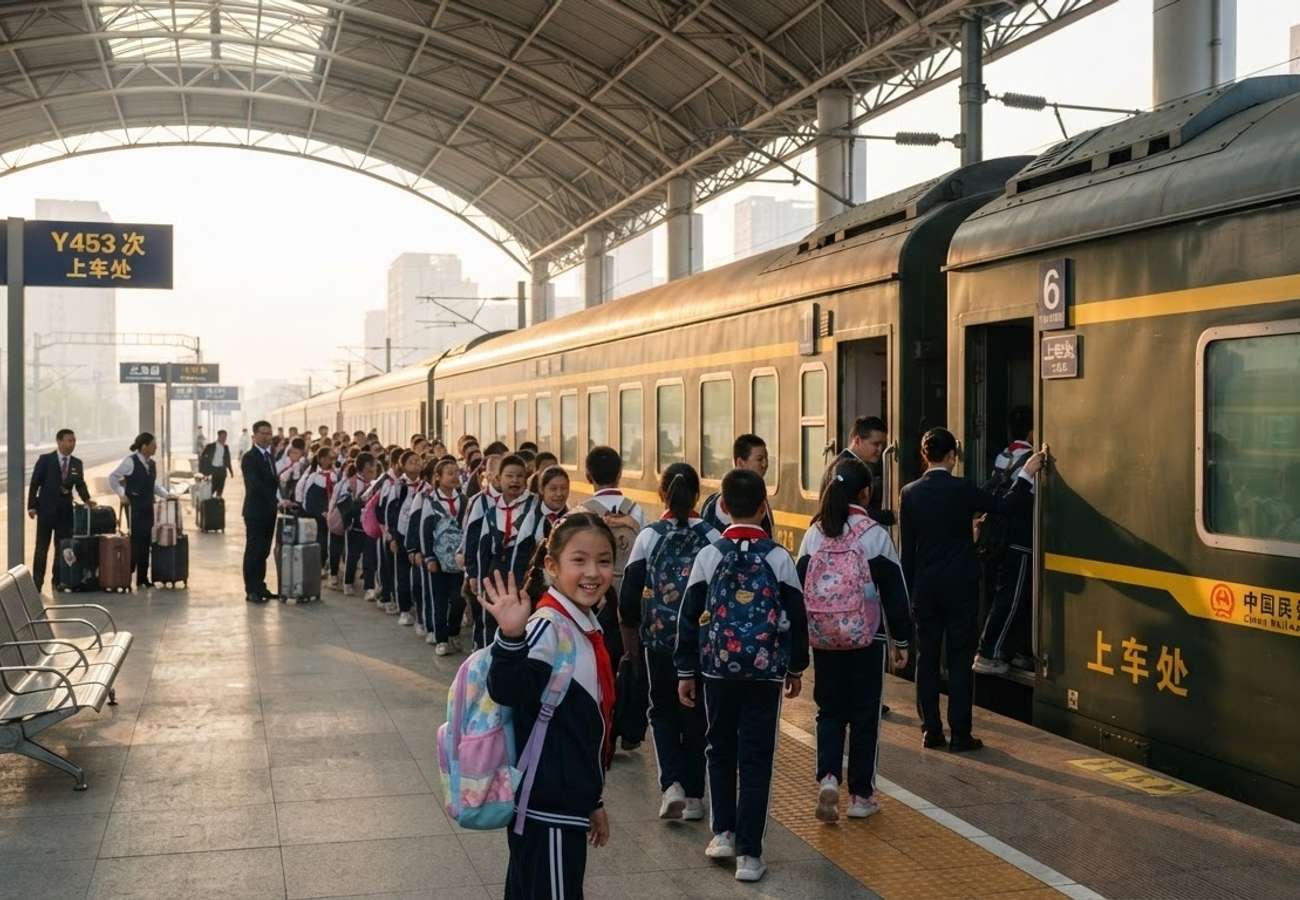 A modern Chinese high-speed train departing from a station