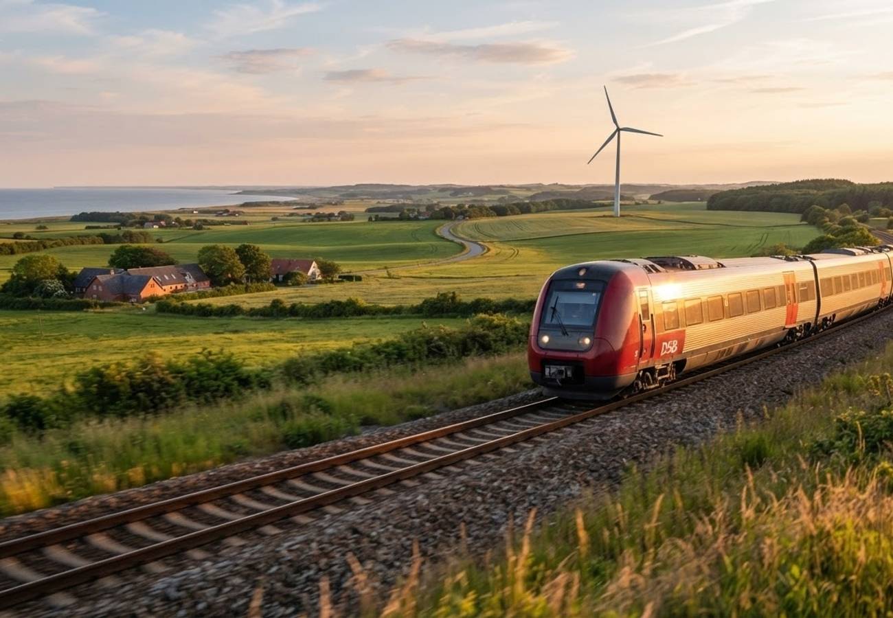 Modern Danish InterCity train moving through the Jutland countryside