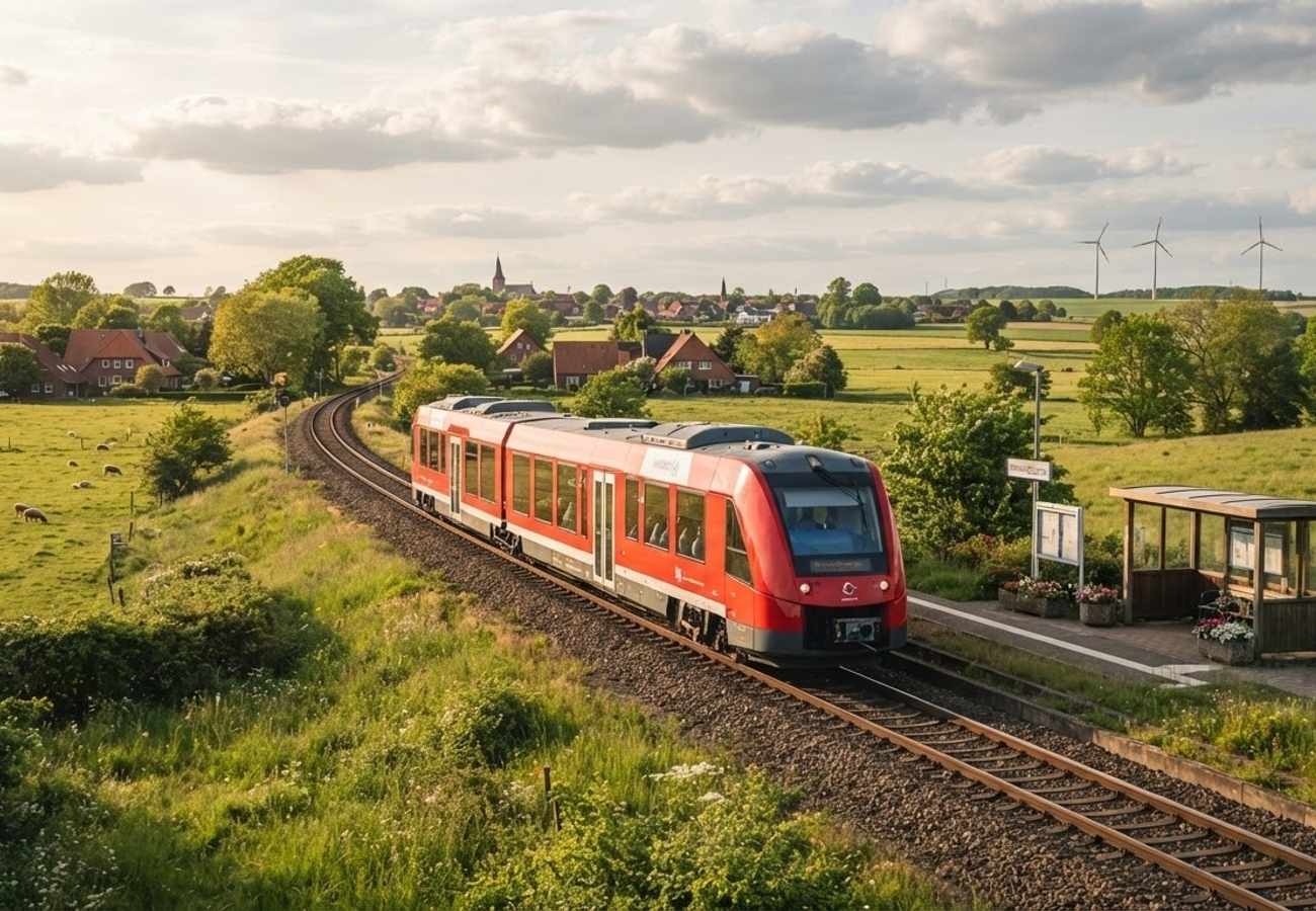 A modern Alstom Coradia iLint hydrogen train operating on a regional German railway line