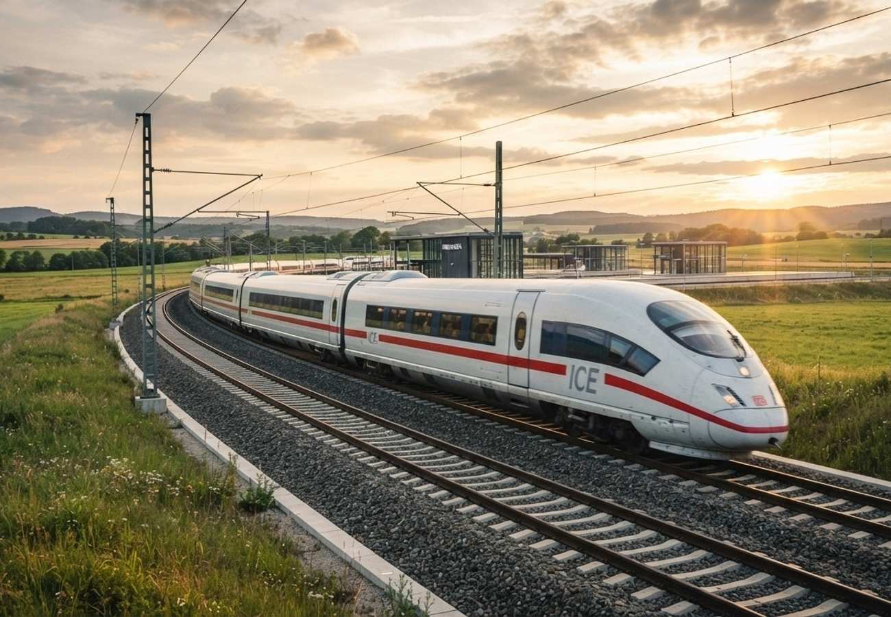 High-speed train traveling through the European countryside connecting Germany and the Baltic States