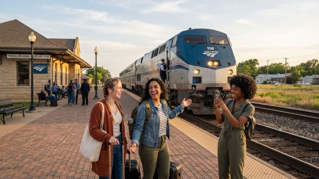 An Amtrak passenger train traveling along the scenic Heartland Flyer route between Oklahoma and Texas