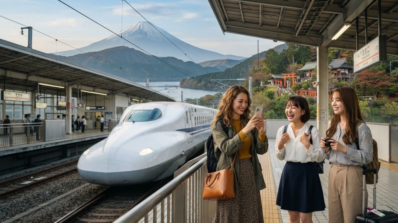 A sleek Shinkansen bullet train passing by Mount Fuji on a clear sunny day.
