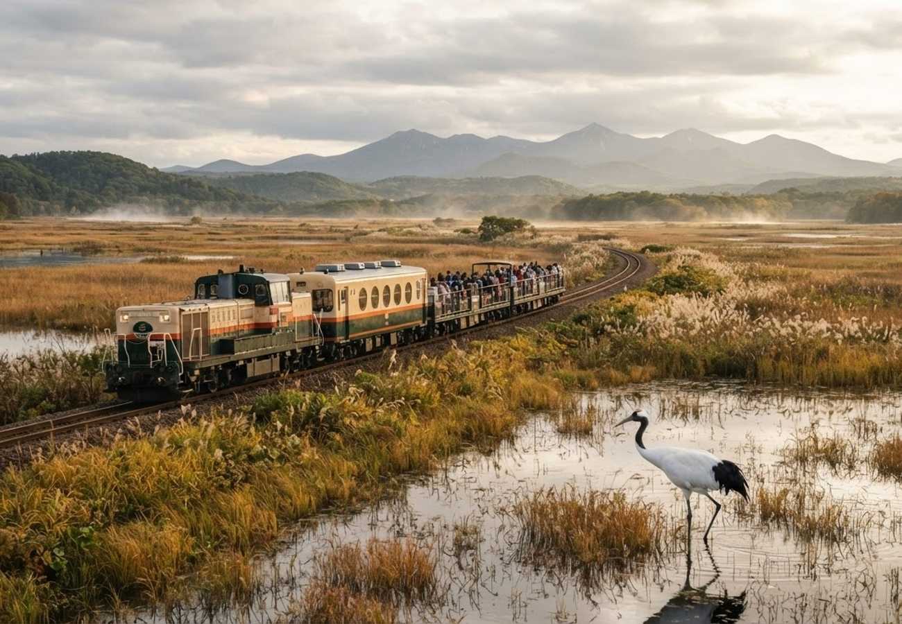 The scenic Kushiro Wetland Norokko Train traveling through the Hokkaido landscape
