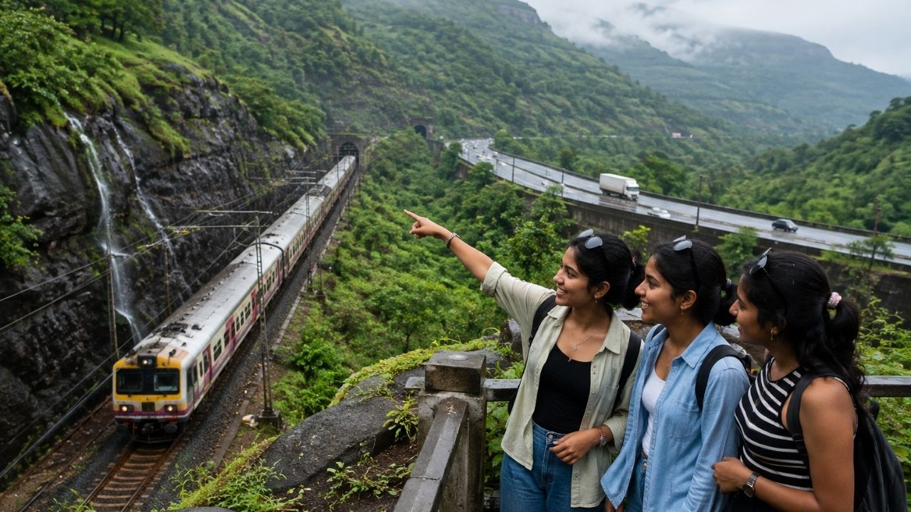 Railway tracks winding through the mountainous Khandala Ghat section in Maharashtra.