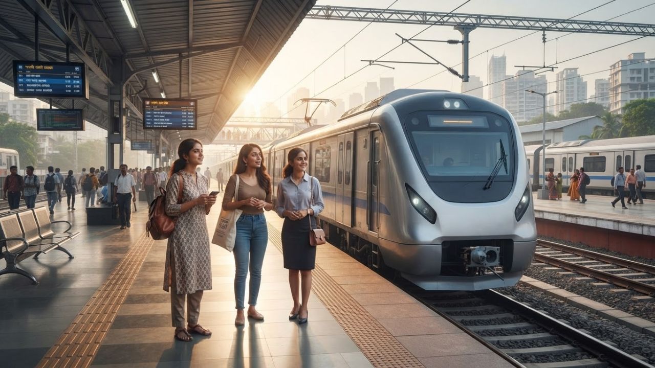 A modern air-conditioned Vande Metro train operating on a clean, modern suburban railway track