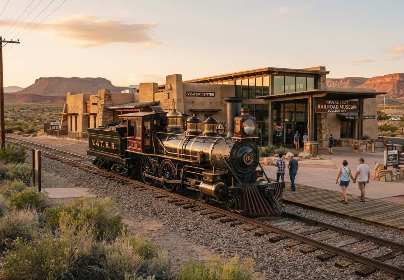 Historic steam locomotive and railway exhibits at the Nevada State Railroad Museum in Boulder City
