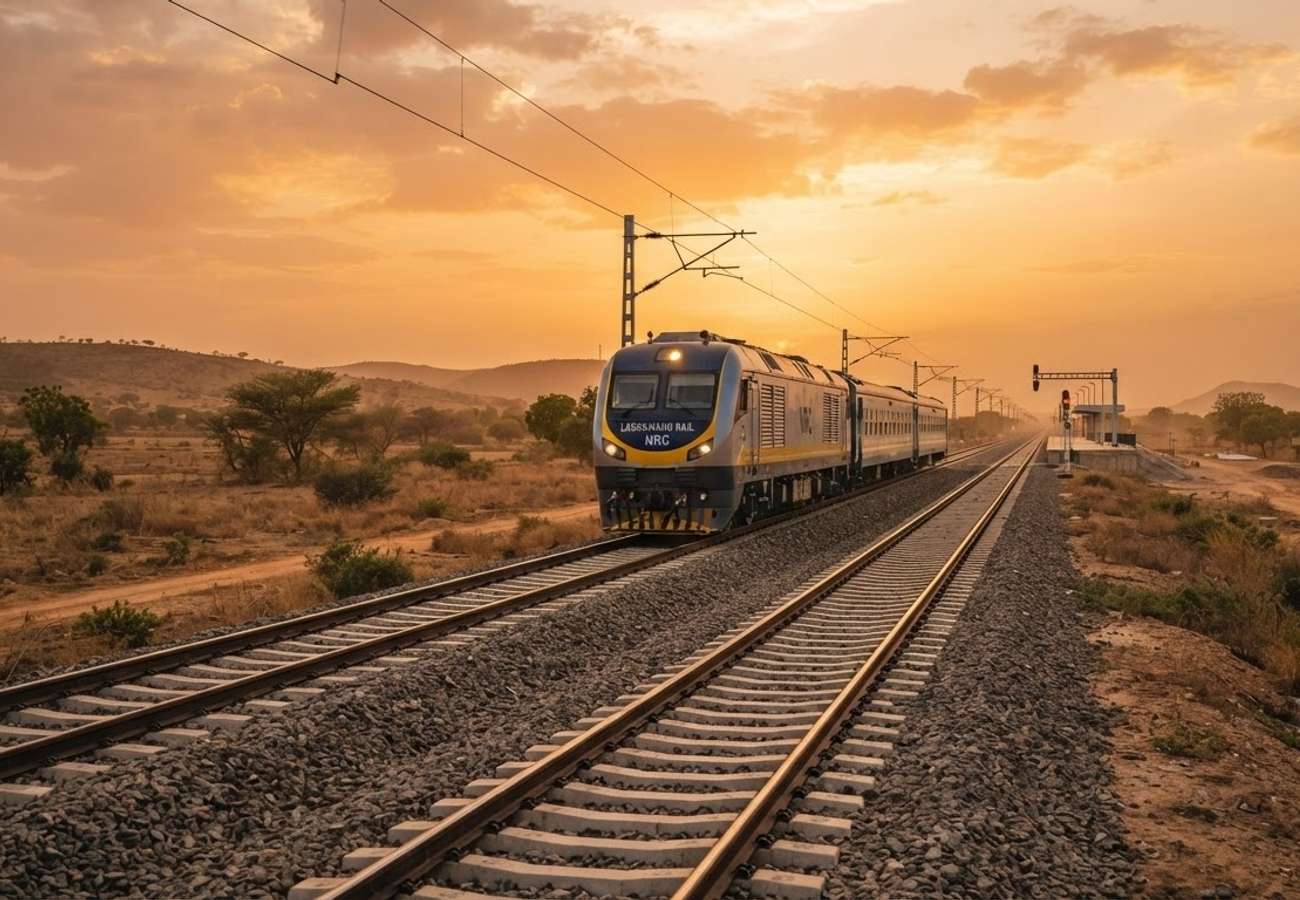 Aerial view of railway construction in Northern Nigeria