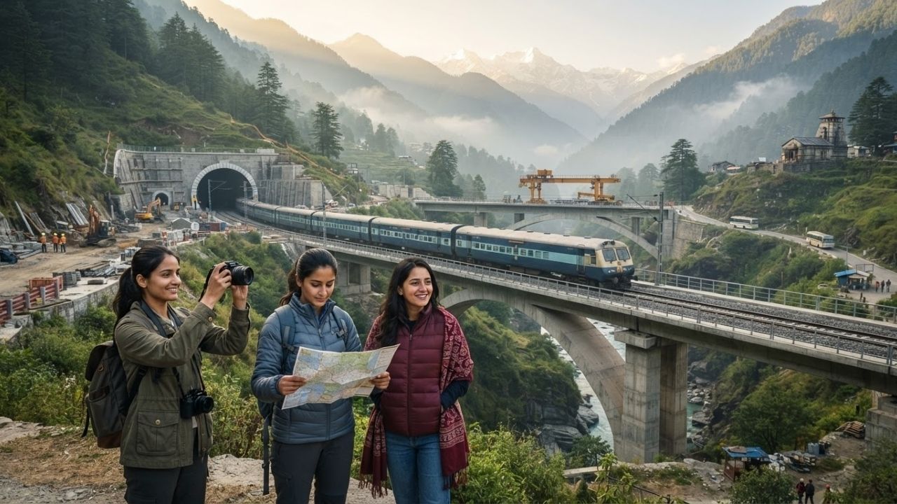 High-speed train exiting a massive mountain tunnel in the steep Himalayan valleys of Uttarakhand.