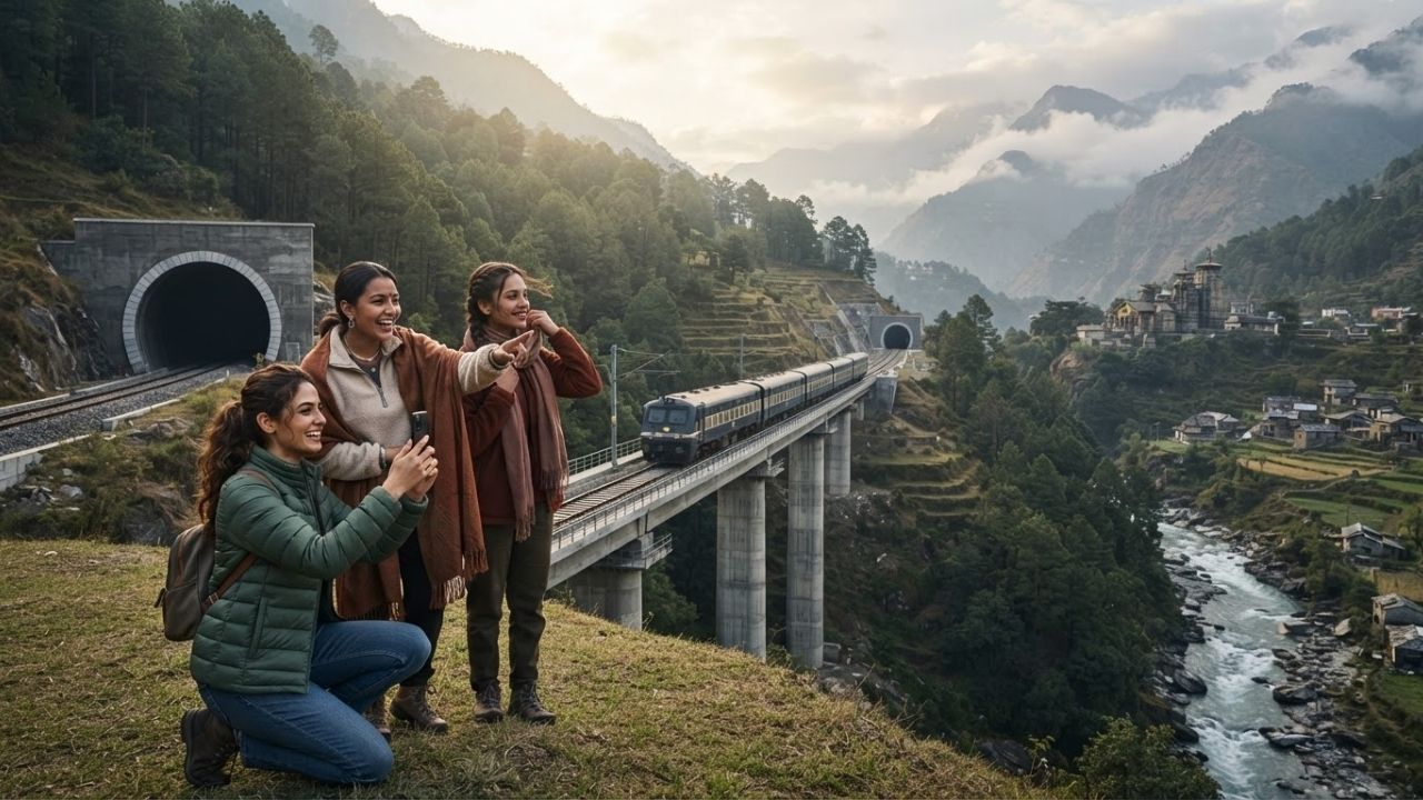 Railway bridge spanning across a deep mountain river gorge in the Garhwal Himalayas.
