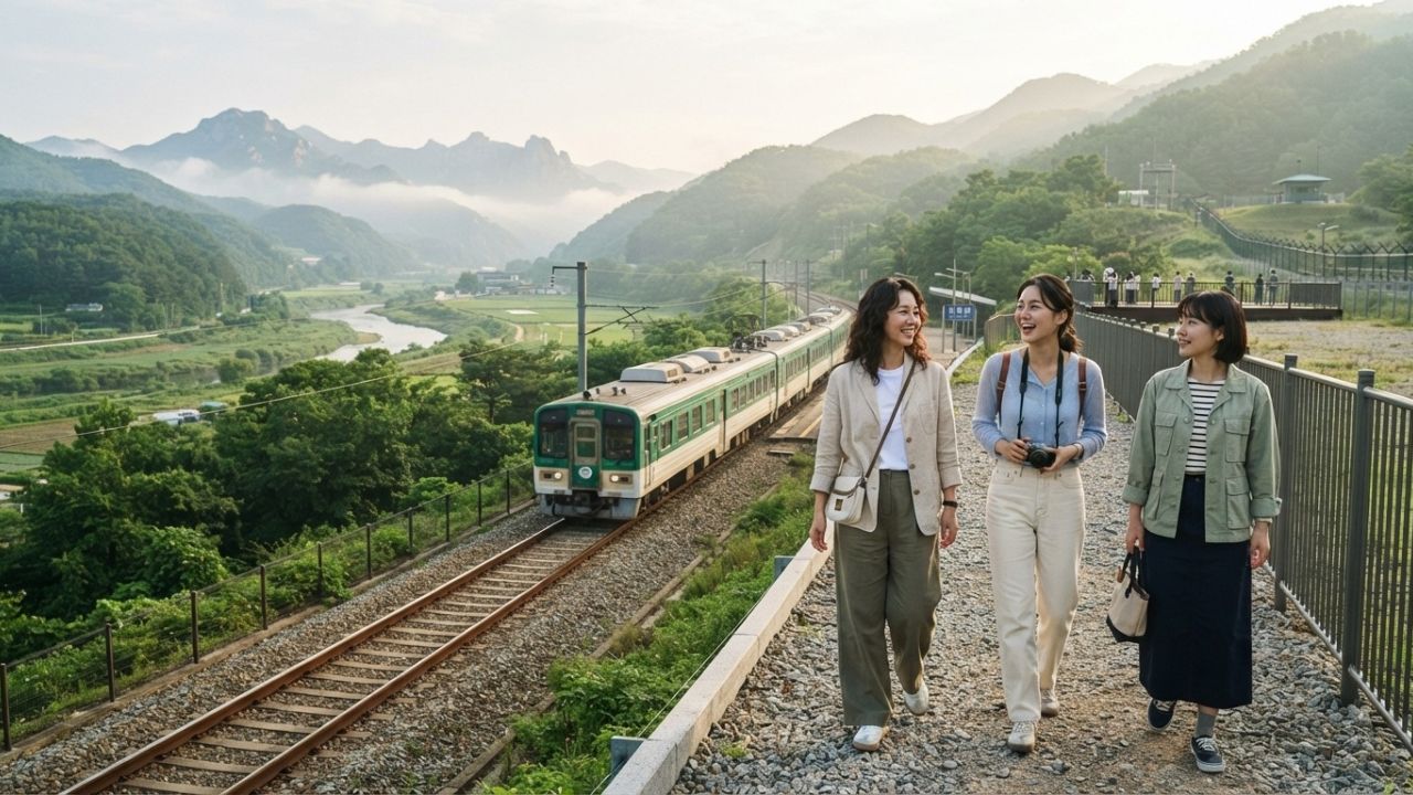 A scenic modern train track running parallel to the metal security fences of the Demilitarized Zone in South Korea.