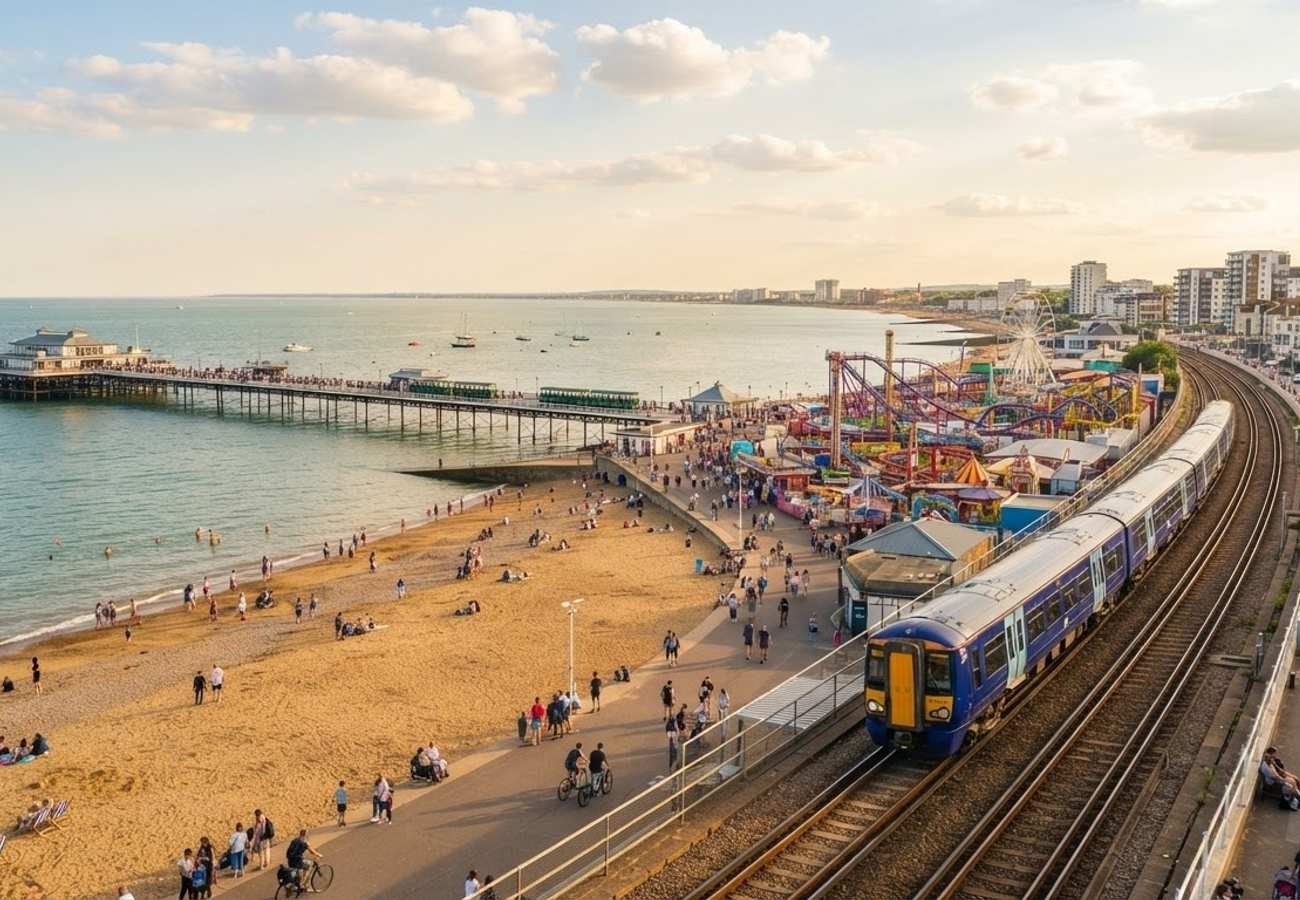 Aerial view of Southend-on-Sea coastline and rail infrastructure