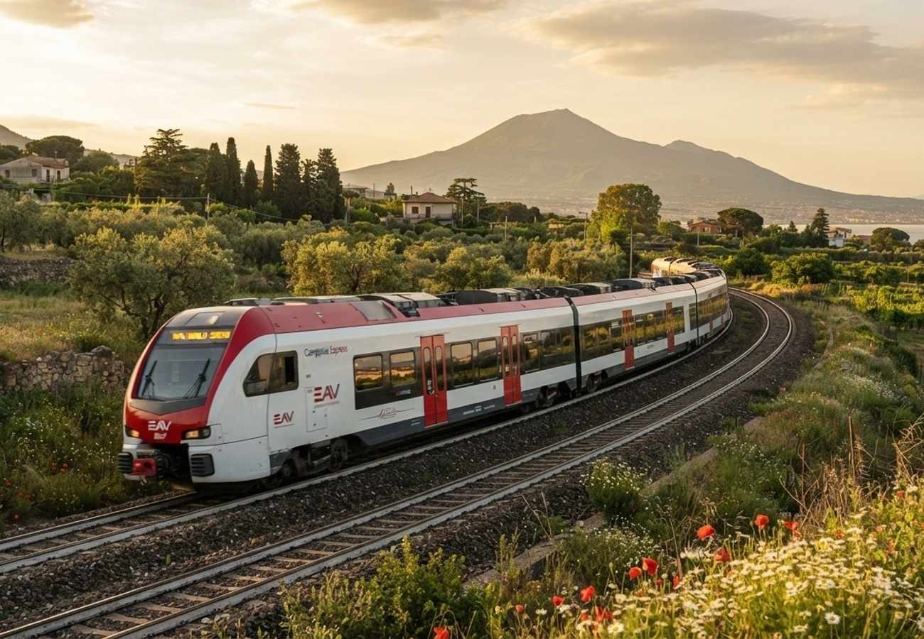 Modern Stadler regional train operating in the Campania region of Italy near Mount Vesuvius
