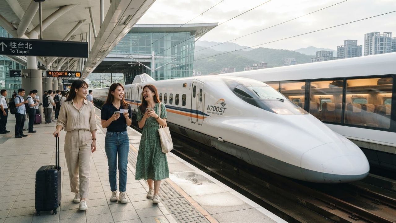 A high-speed train arriving at a modern railway station platform in Taiwan during morning hours.