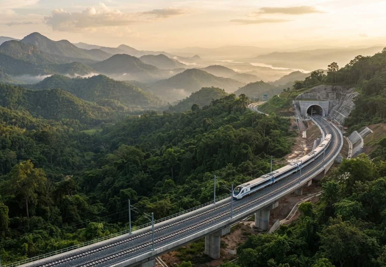 Modern double-track railway infrastructure cutting through the mountains of Northern Thailand