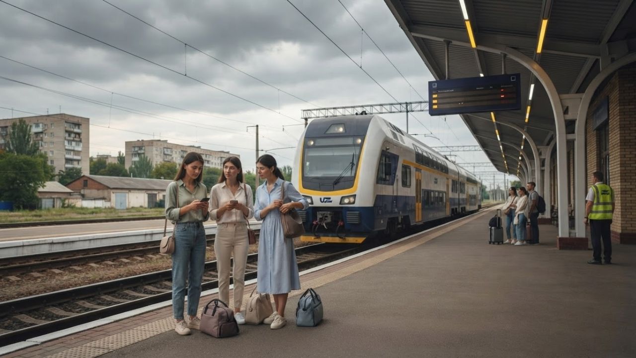 Passenger train in southern Ukraine traveling along rural railway track