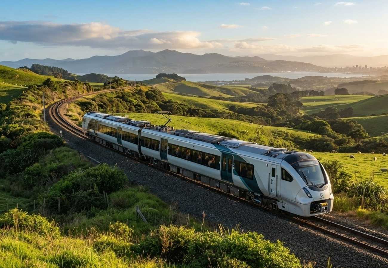 Modern battery-electric multiple-unit train operating in the New Zealand landscape